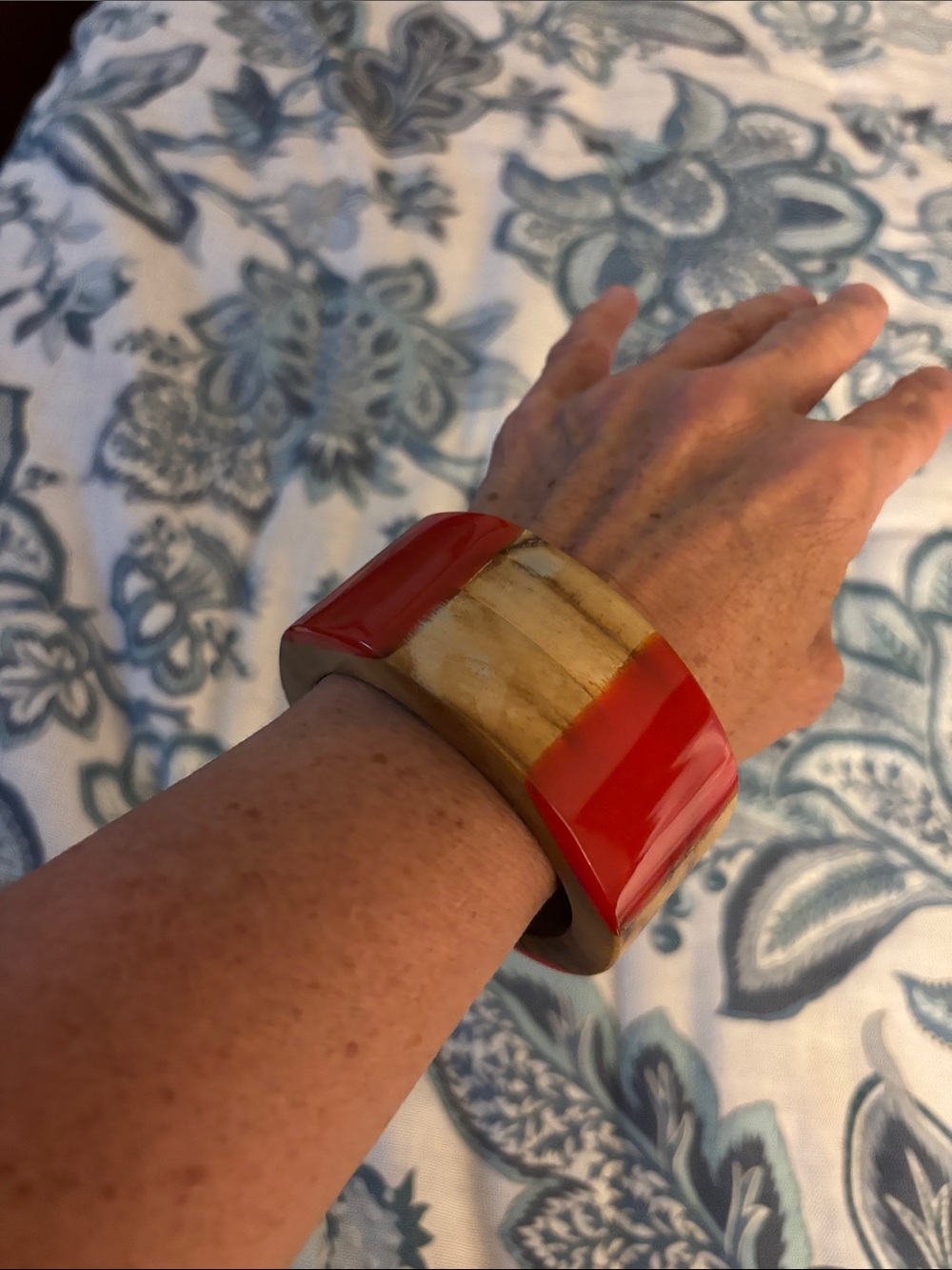 Tory Burch Wood Bangle with Red Inlay- Signed